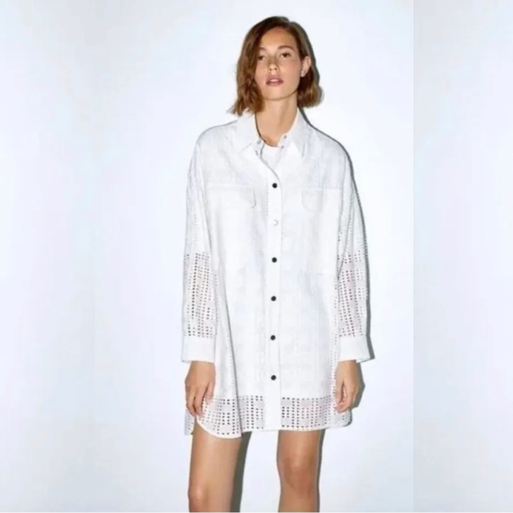 ara Womens Openwork Embroidered Tunic Shirt Dress White Sz Medium
